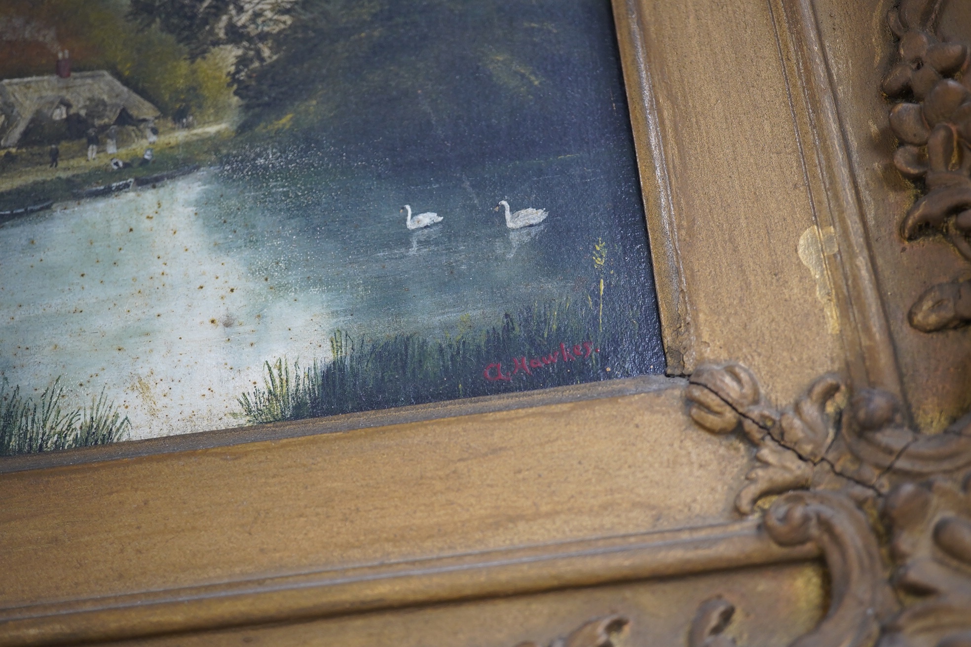 A Hawkes, oil on board, Riverscape with thatched cottage, signed, 21 x 30cm, ornate gilt framed. Condition - poor